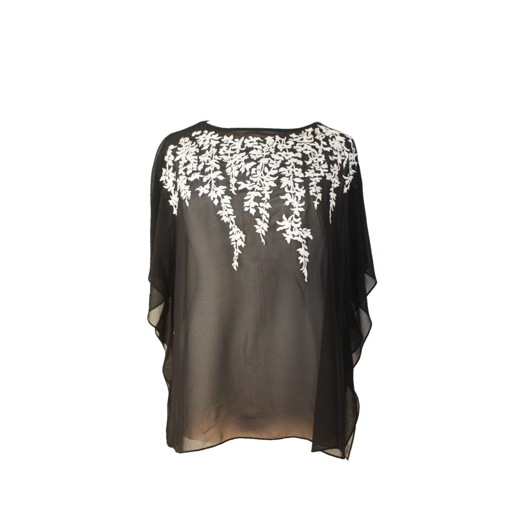 BOB MACKIE Vearable Art Party Top Cover Plus Sz. 1X Black Sheer Embroidered #03